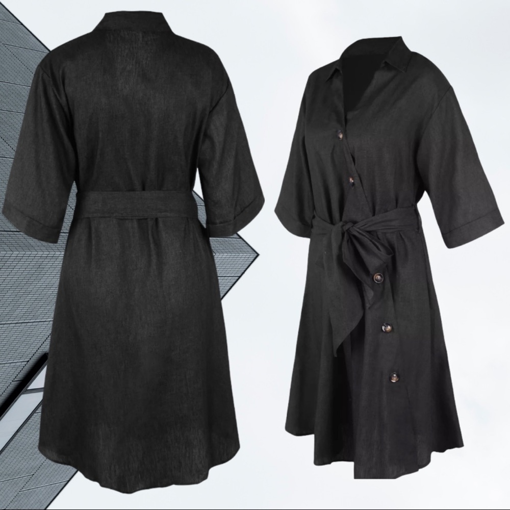 Black Denim Tie Waist Button Down V Neck Dress - Picture 5 of 10